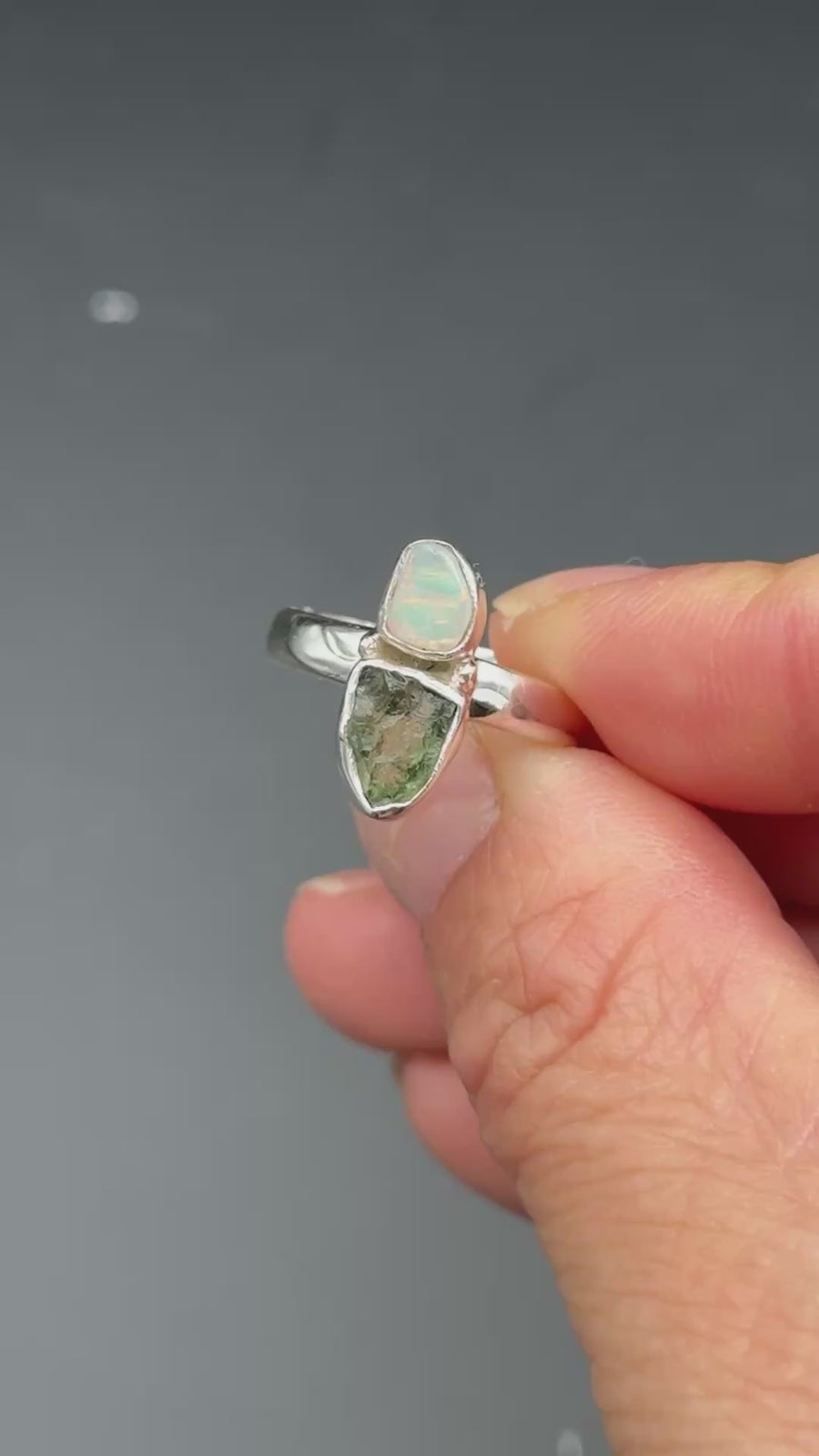 Opal and Moldavite 925 Sterling Silver Adjustable Ring