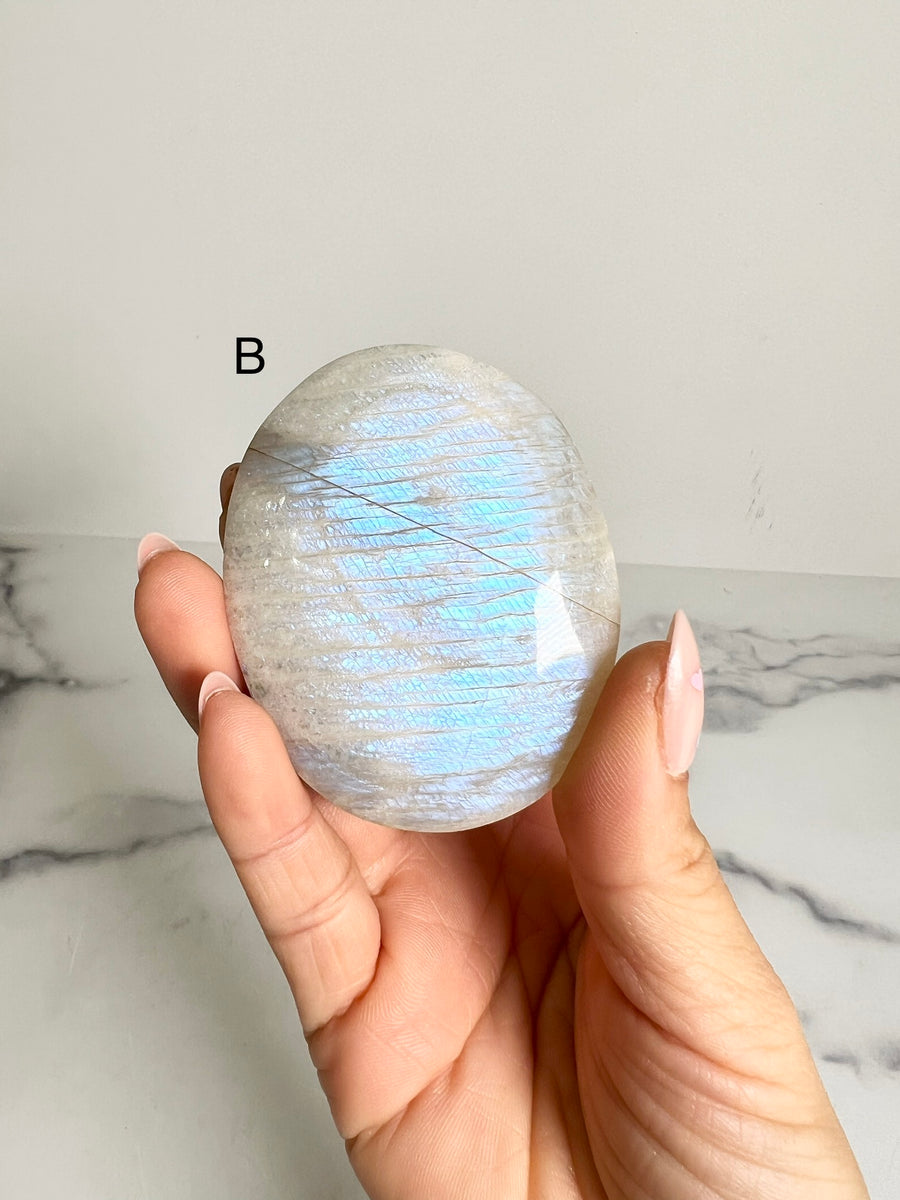 Blue Flash Moonstone Palm Stone